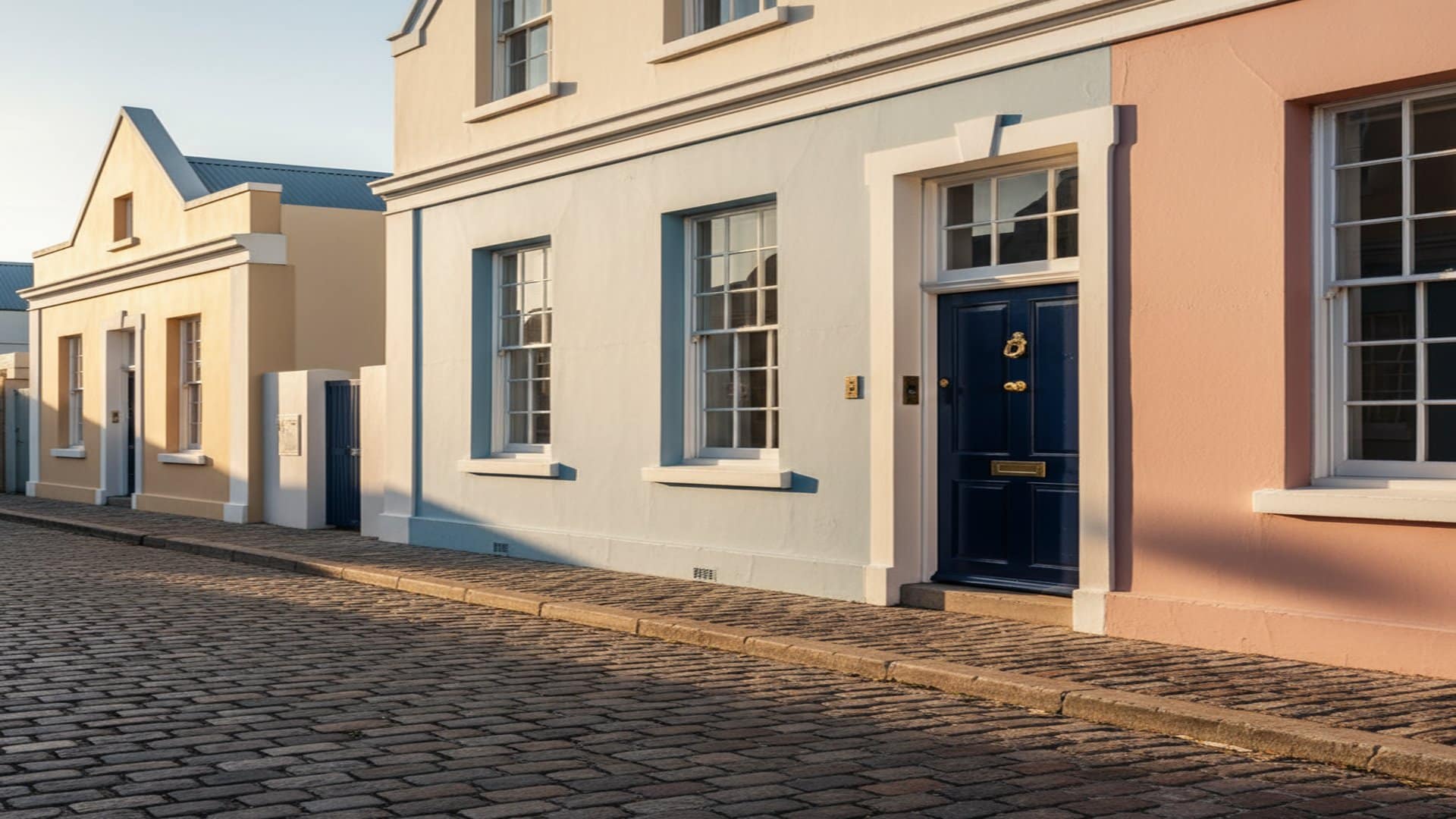 A Cape Town De Waterkant heritage townhouse exterior at golden hour — honey-toned facade, brass detailing, the Cape Town founder neighbourhood in private form.