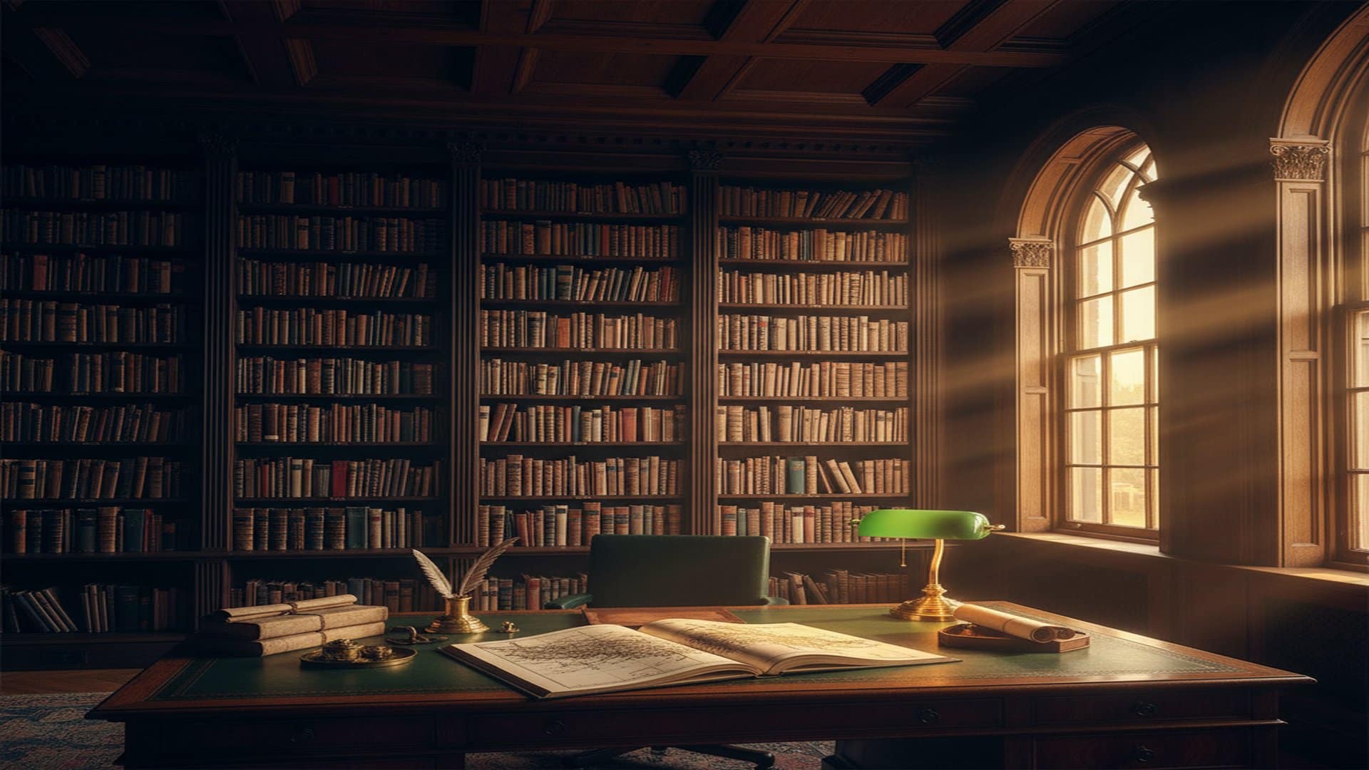 A traditional library reading room — leather-bound volumes on dark-walnut shelves, a green-shaded brass reading lamp on a tooled-leather desk, late-afternoon light through tall windows.