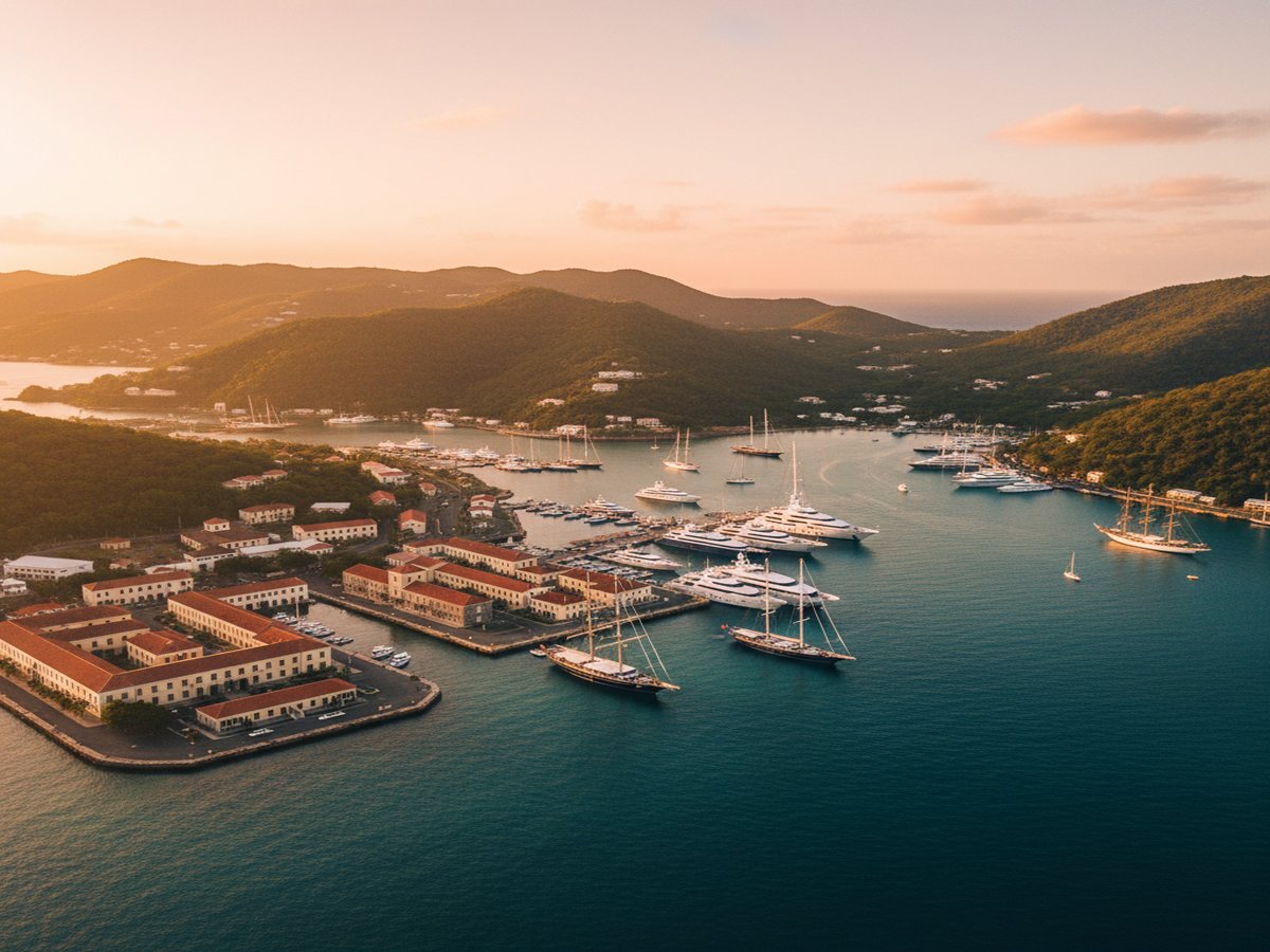 Antigua’s English Harbour at twilight, with historic Nelson’s Dockyard stonework and a fleet of moored sailing yachts on deep navy water.