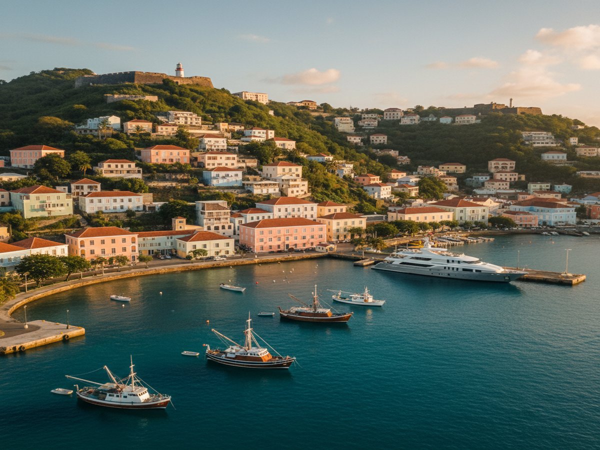 Aerial view of Grand Anse Beach, Grenada — turquoise Caribbean water and a crescent of white sand fringed with palms at golden hour.