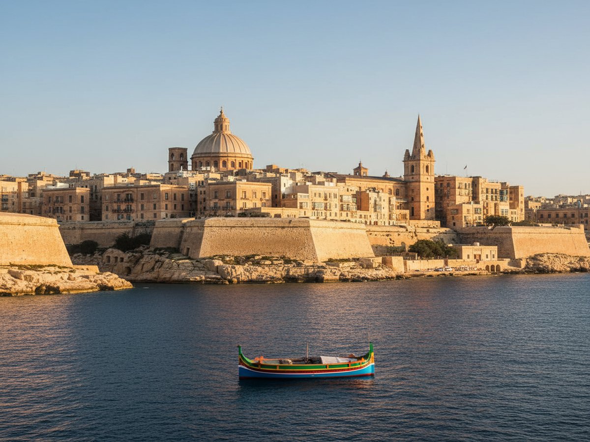 Valletta Grand Harbour at golden hour — honey-coloured limestone fortifications and bastion walls rising from the deep navy Mediterranean.