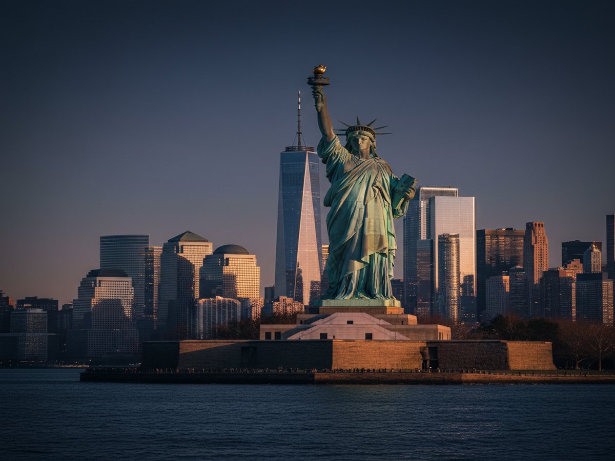 Statue of Liberty at golden hour with Lower Manhattan skyline behind — the iconic landmark of US permanent residency.