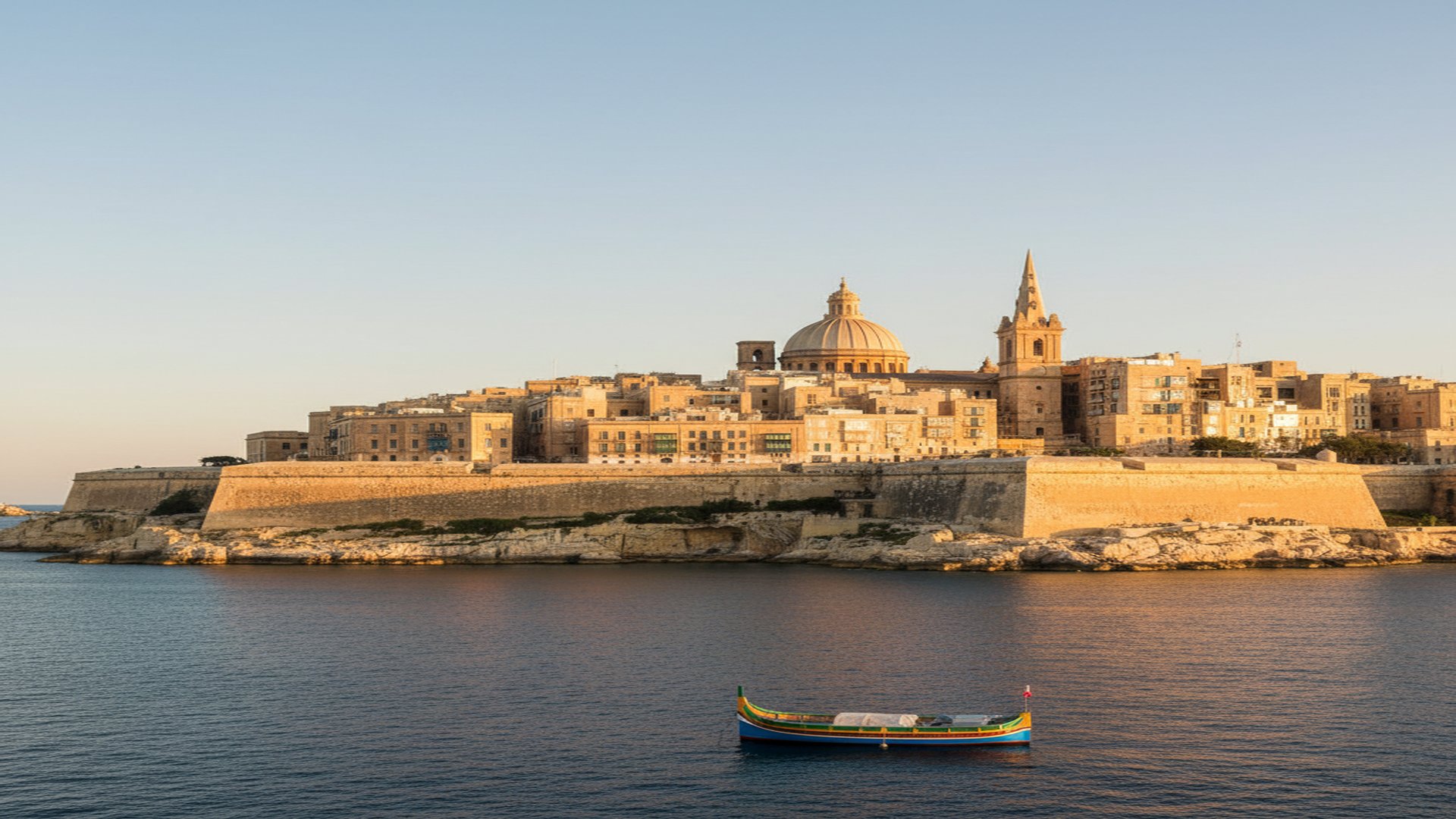 Valletta Grand Harbour in Malta at golden hour — honey-coloured limestone fortifications rising from deep navy Mediterranean water, the city skyline above.