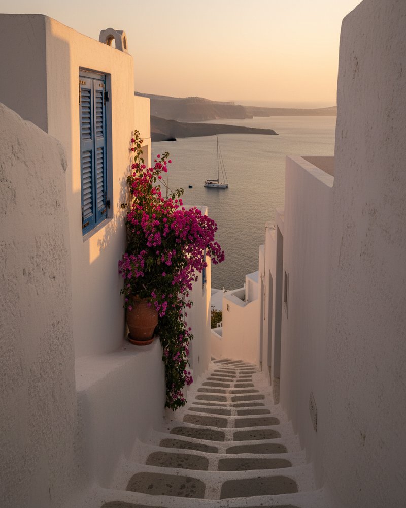 A whitewashed Cycladic stair-case lane on Santorini at golden hour, deep navy Aegean visible beyond — a private Greek residence in the kind of zone the Golden Visa unlocks.
